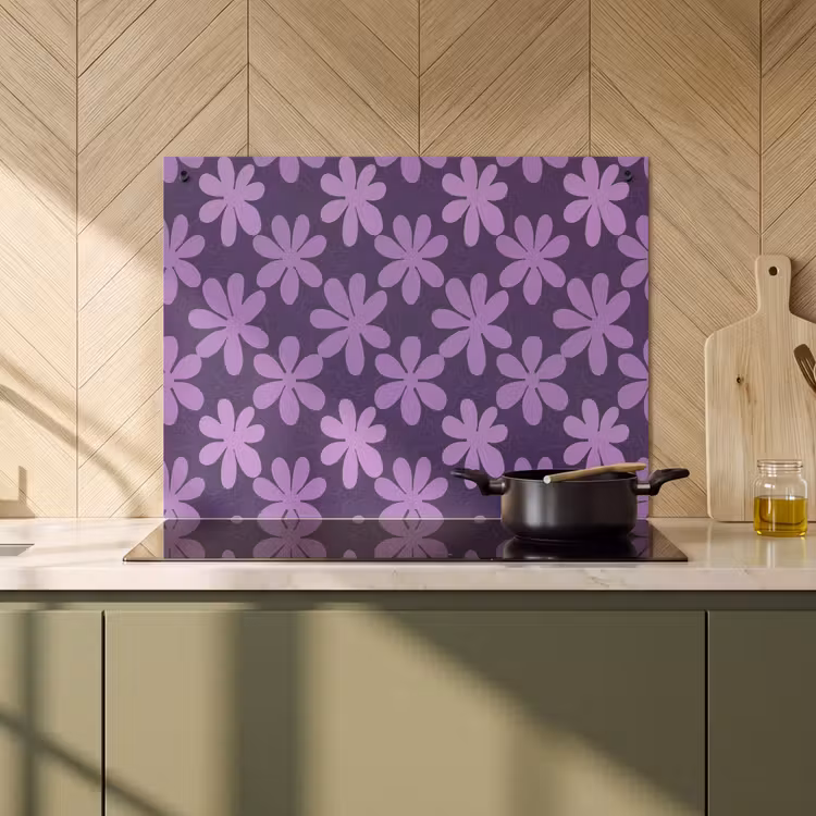 Inductie beschermer en spatscherm (2in1) - Paars - Botanisch - Bloemen - Retro - Patroon — 2