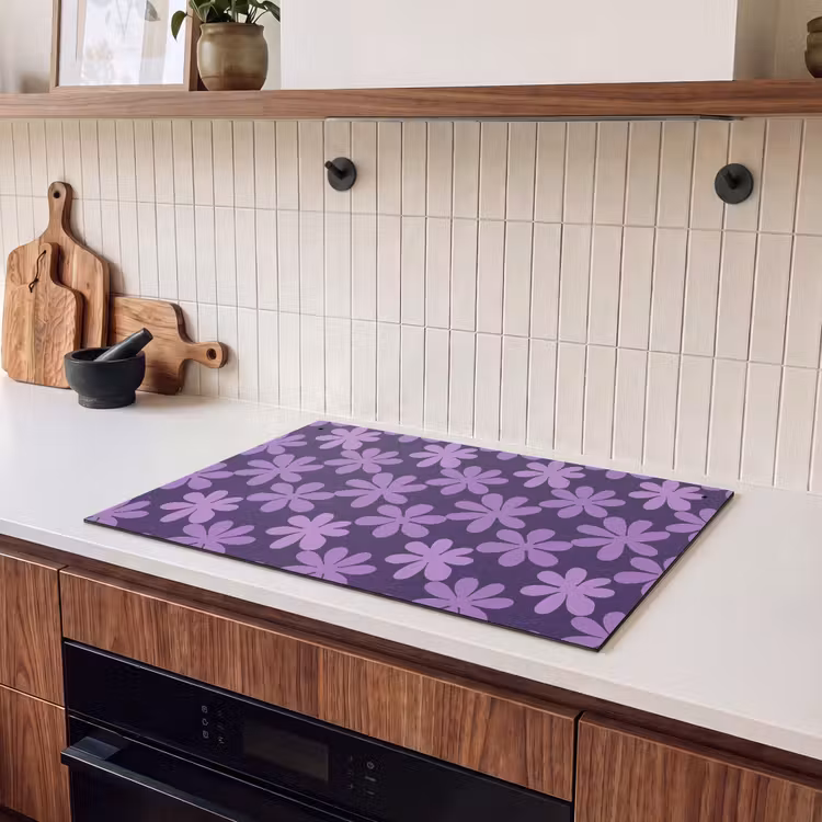 Inductie beschermer en spatscherm (2in1) - Paars - Botanisch - Bloemen - Retro - Patroon — 3