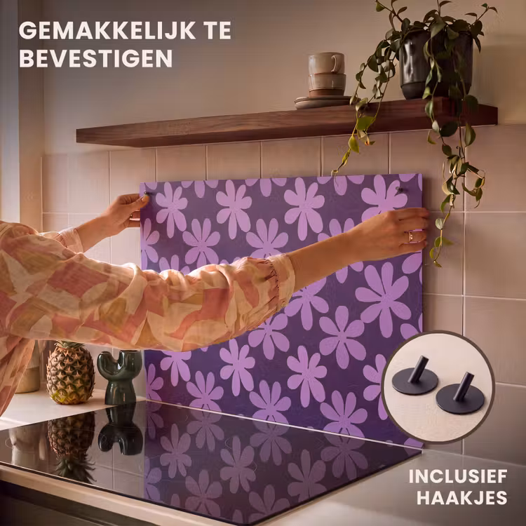 Inductie beschermer en spatscherm (2in1) - Paars - Botanisch - Bloemen - Retro - Patroon — 7