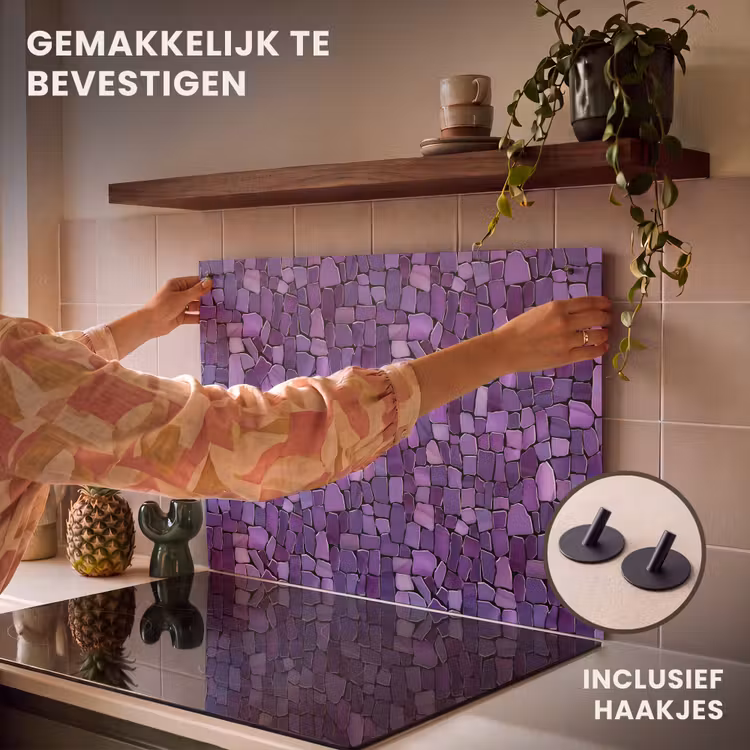 Inductie beschermer en spatscherm (2in1) - Paars - Mozaïek - Scherven - Steen - Patroon — 7