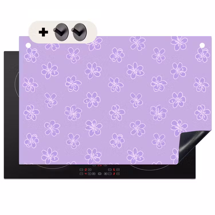 Inductie beschermer en spatscherm (2in1) - Lila - Botanisch - Bloemen - Handgetekend - Patroon — 1