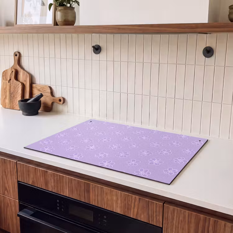 Inductie beschermer en spatscherm (2in1) - Lila - Botanisch - Bloemen - Handgetekend - Patroon — 3