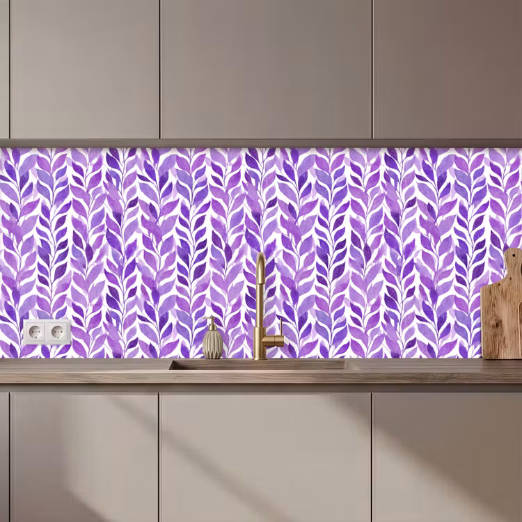 Keuken achterwand - Paars - Botanisch - Bladeren - Aquarel - Takken - Patroon — 1