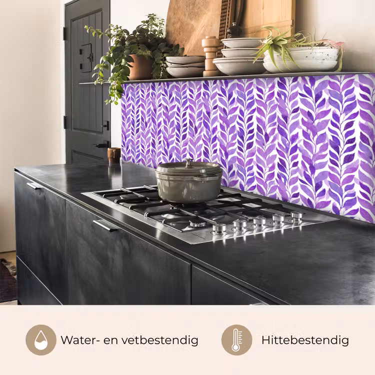 Keuken achterwand - Paars - Botanisch - Bladeren - Aquarel - Takken - Patroon — 3