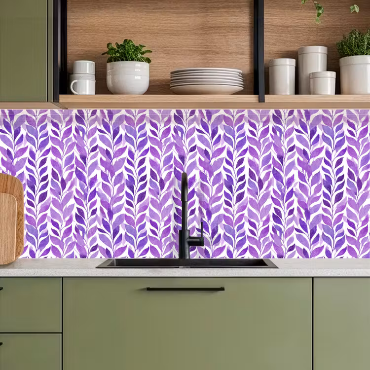 Keuken achterwand - Paars - Botanisch - Bladeren - Aquarel - Takken - Patroon — 5