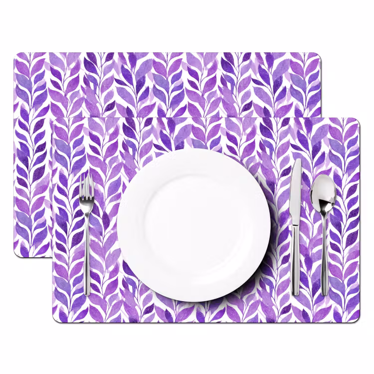 Placemat - 6 stuks - Paars - Botanisch - Bladeren - Aquarel - Takken - Patroon — 2