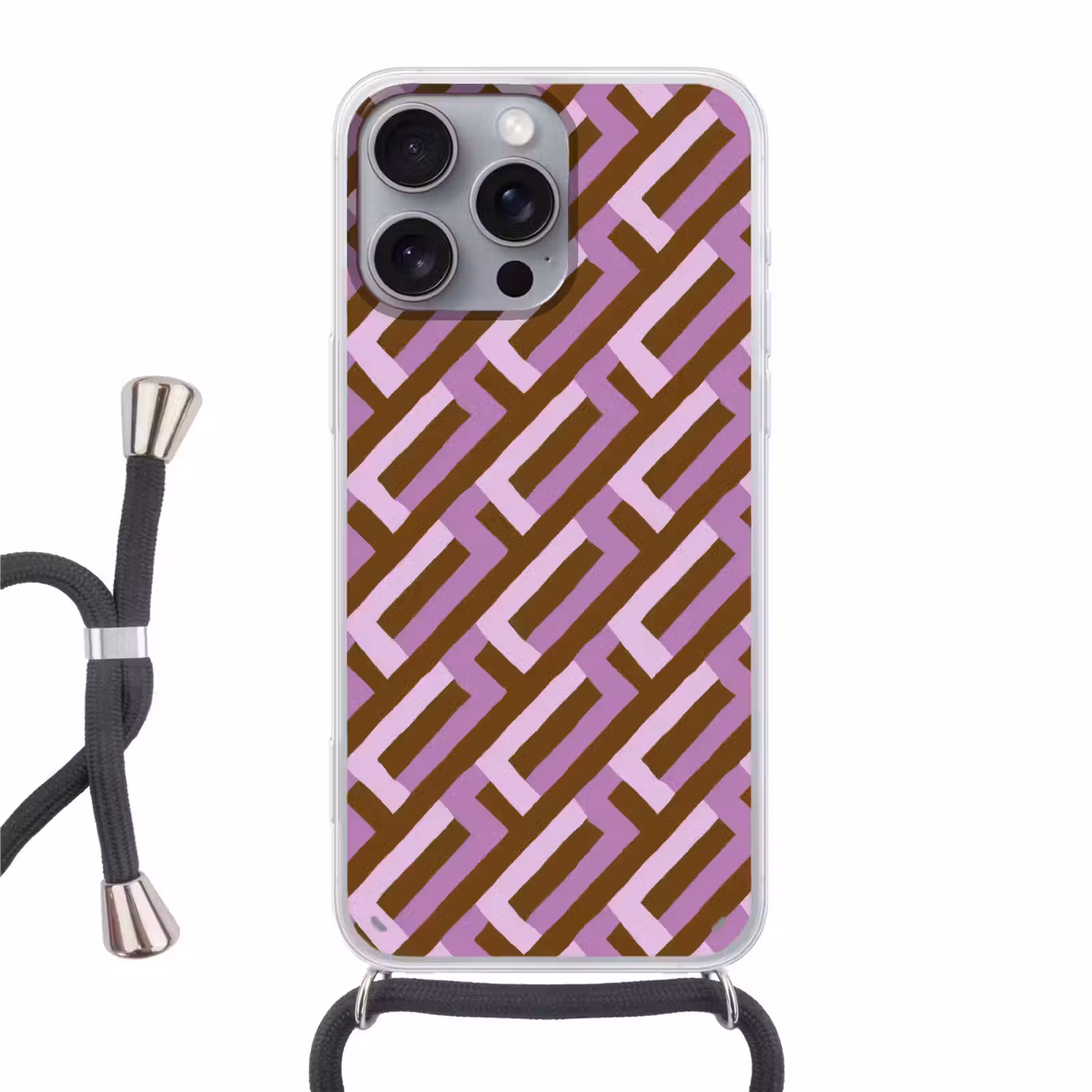 Telefoonhoesje met koord - Bruin - Roze - Geometrisch - Meander - Patroon — 1