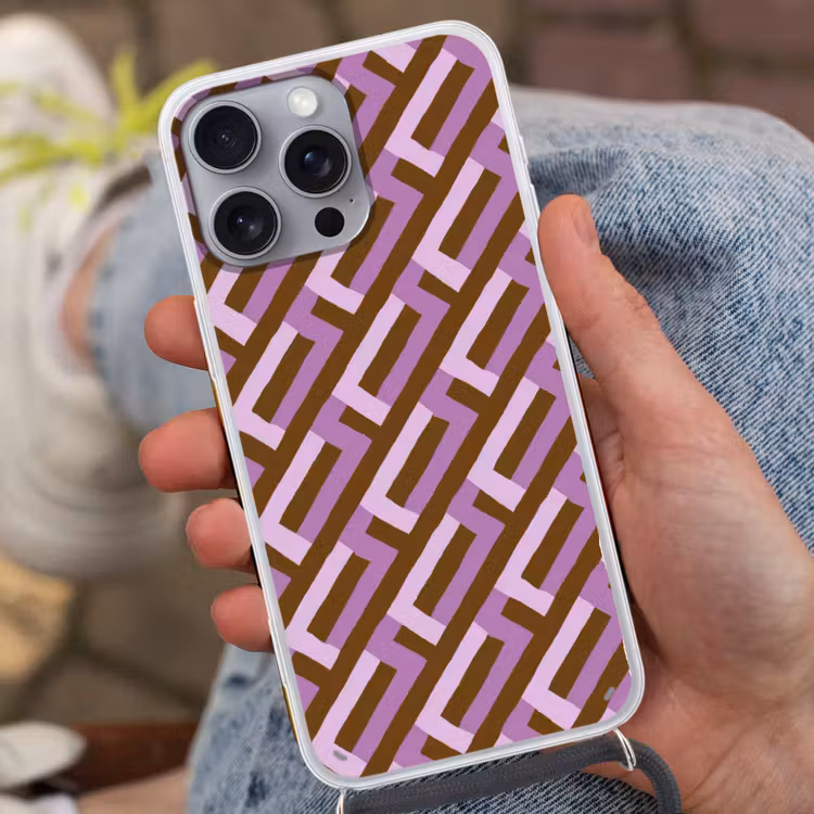 Telefoonhoesje met koord - Bruin - Roze - Geometrisch - Meander - Patroon — 2