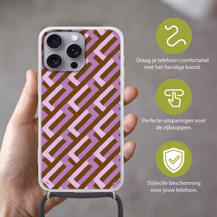 Telefoonhoesje met koord - Bruin - Roze - Geometrisch - Meander - Patroon — 4