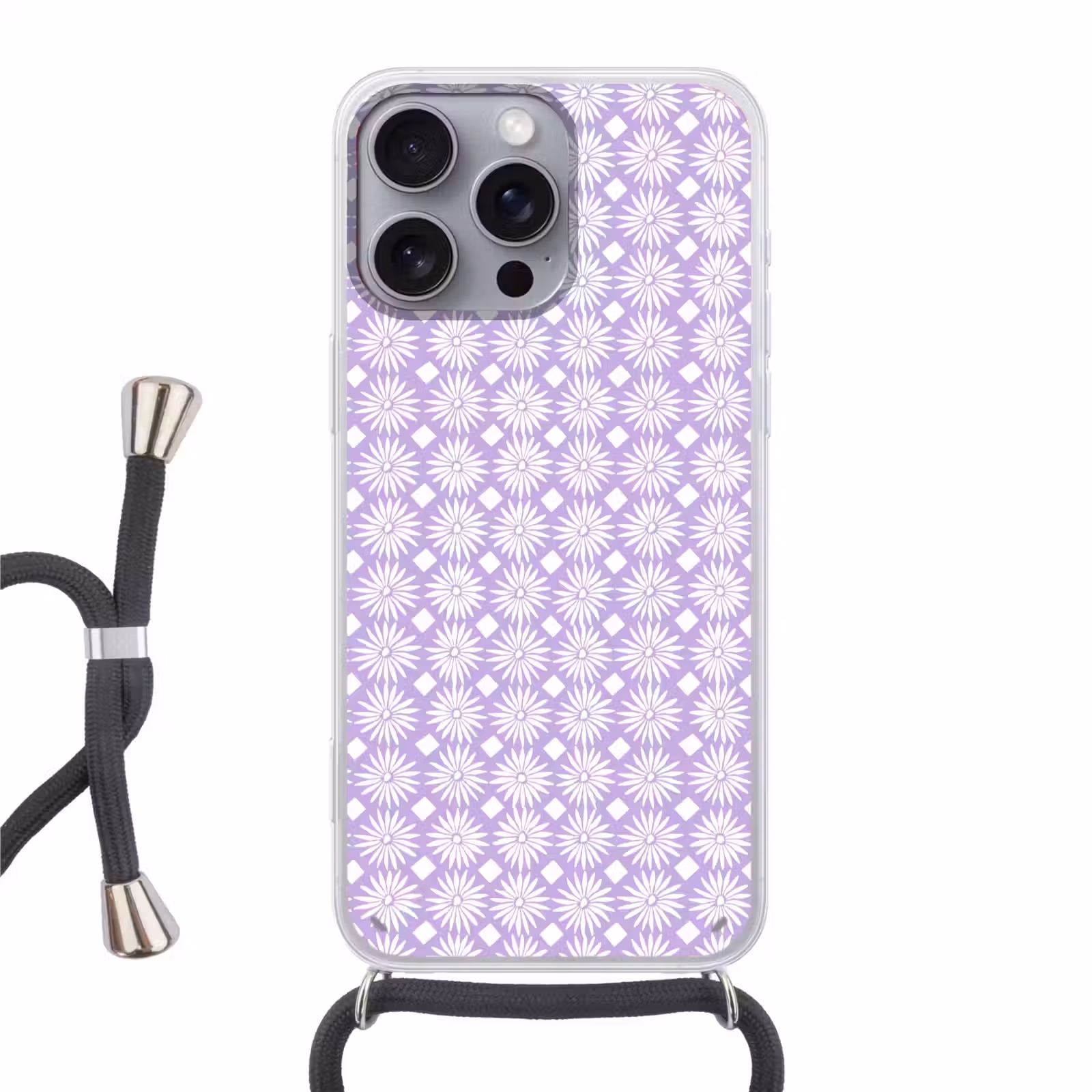 Telefoonhoesje met koord - Lila - Botanisch - Bloemen - Margrieten - Patroon — 1