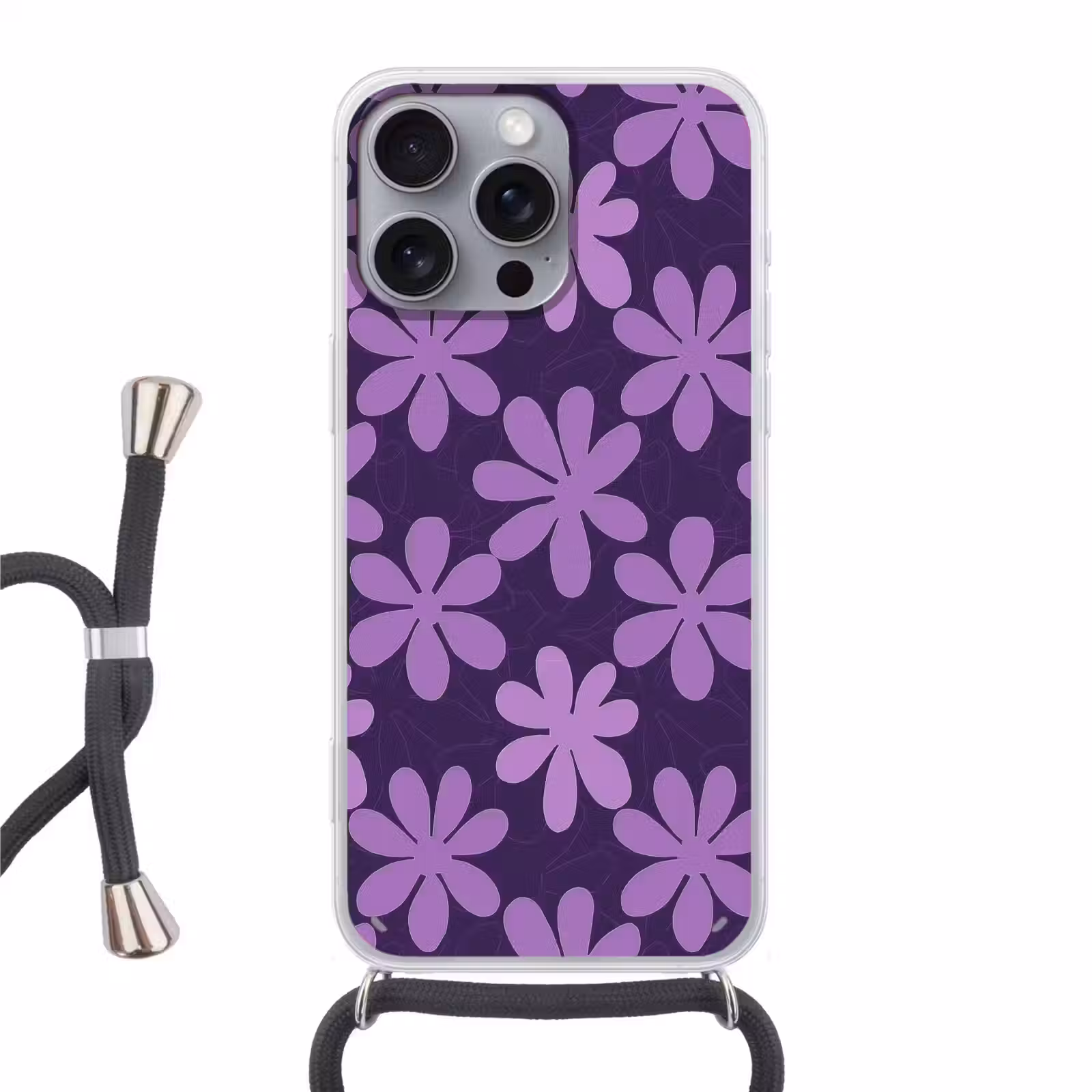 Telefoonhoesje met koord - Paars - Botanisch - Bloemen - Retro - Patroon — 1
