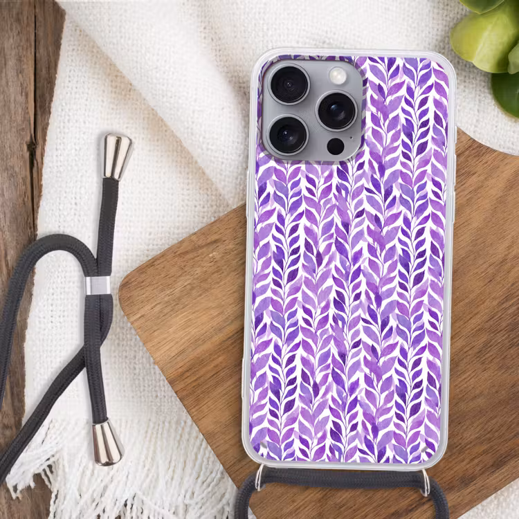 Telefoonhoesje met koord - Paars - Botanisch - Bladeren - Aquarel - Takken - Patroon — 3