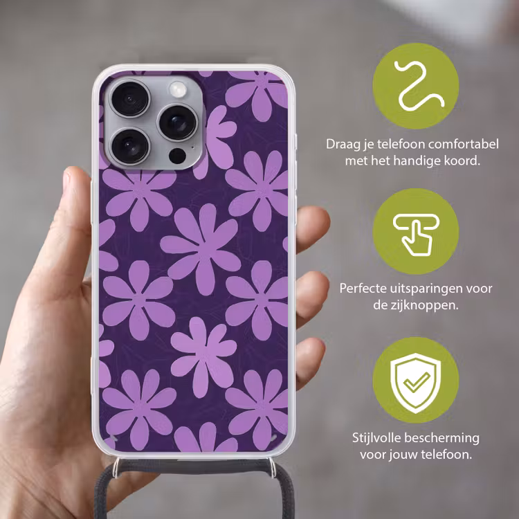 Telefoonhoesje met koord - Paars - Botanisch - Bloemen - Retro - Patroon — 4
