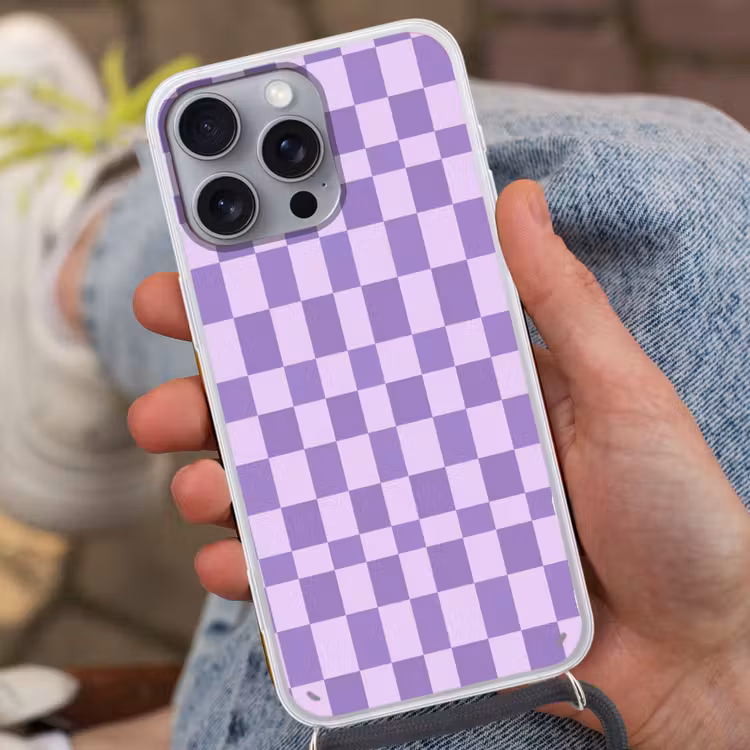 Telefoonhoesje met koord - Paars - Geometrisch - Dambord - Blokken - Patroon — 2
