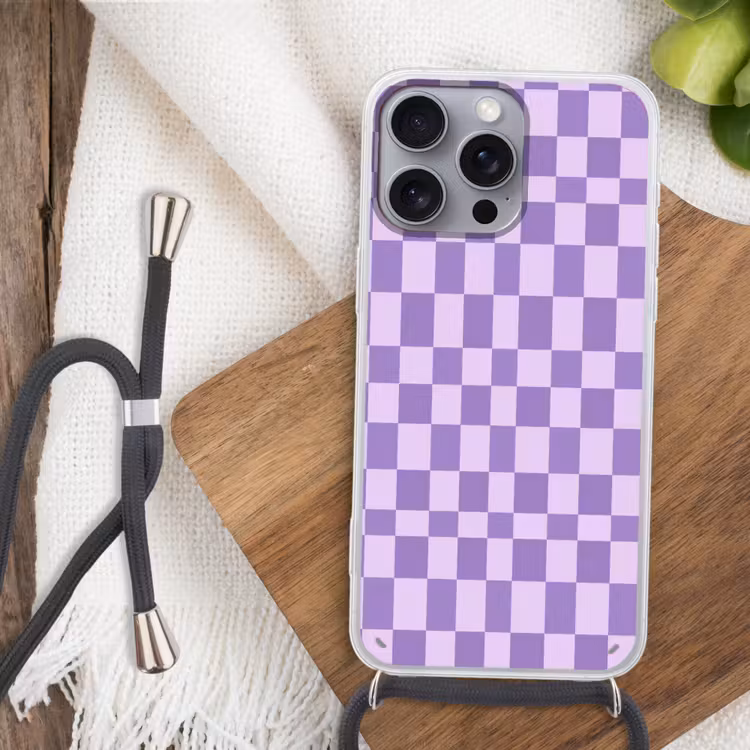 Telefoonhoesje met koord - Paars - Geometrisch - Dambord - Blokken - Patroon — 3