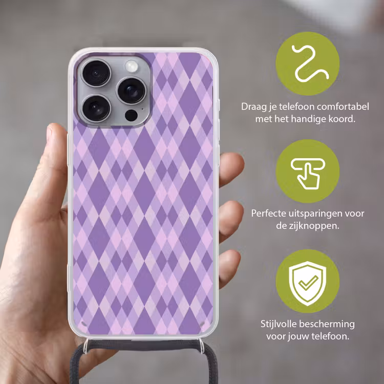 Telefoonhoesje met koord - Paars - Geometrisch - Ruiten - Argyle - Patroon — 4