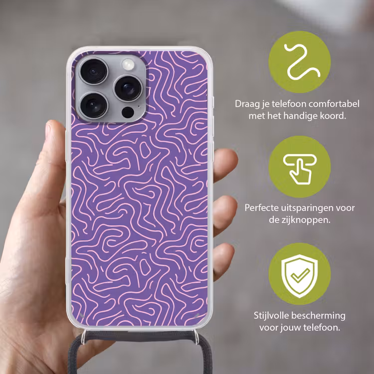 Telefoonhoesje met koord - Paars - Roze - Abstract - Lijnen - Doolhof - Patroon — 4