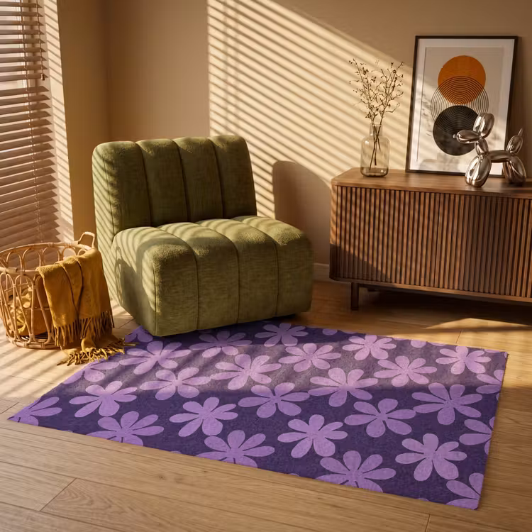 Vloerkleed - Paars - Botanisch - Bloemen - Retro - Patroon — 2