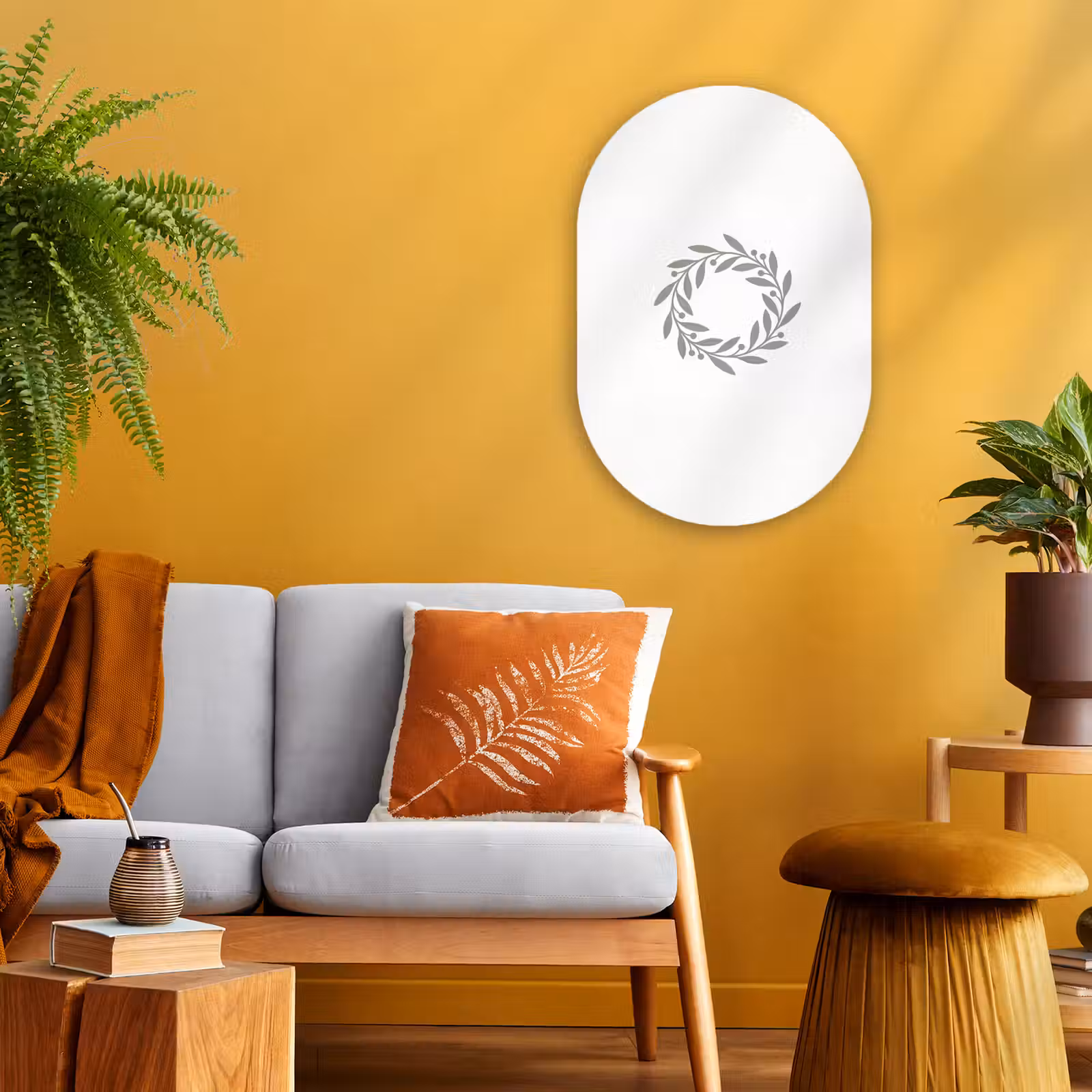 Muurovaal - Kunststof - Krans - Bladeren - Natuur - Minimalistisch - Grijs — 1