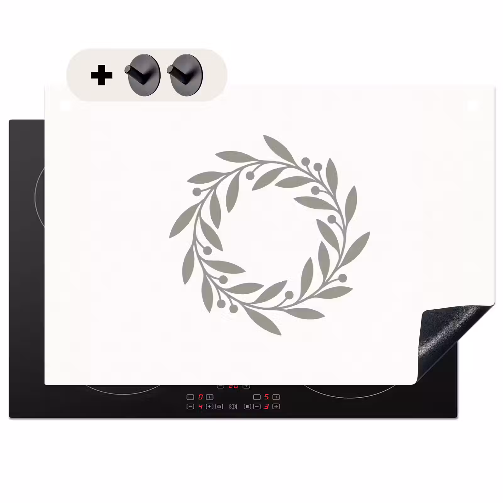 Inductie beschermer en spatscherm (2in1) - Krans - Bladeren - Natuur - Minimalistisch - Grijs — 1