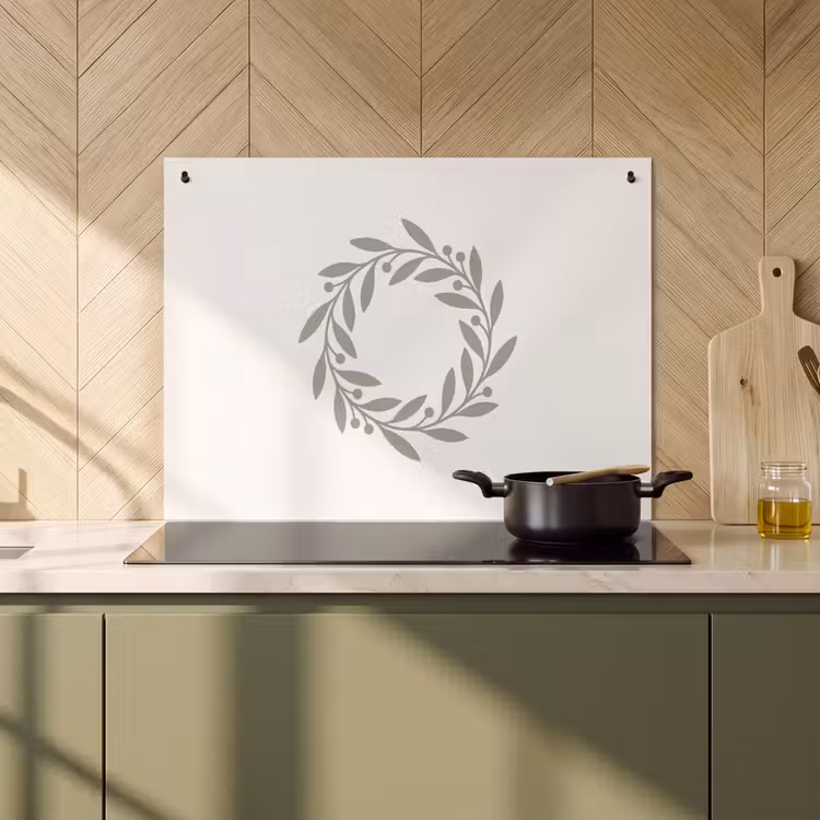 Inductie beschermer en spatscherm (2in1) - Krans - Bladeren - Natuur - Minimalistisch - Grijs — 2