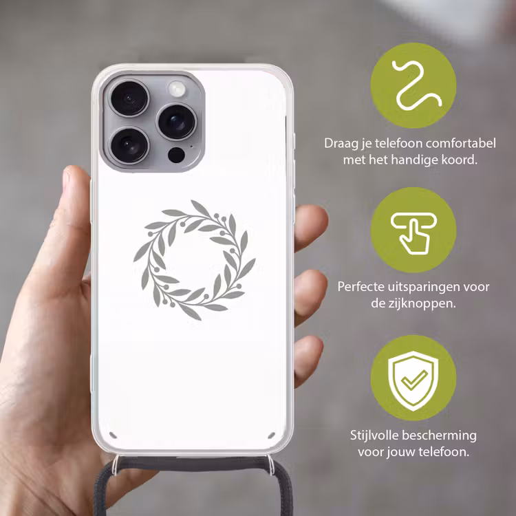 Telefoonhoesje met koord - Krans - Bladeren - Natuur - Minimalistisch - Grijs — 4