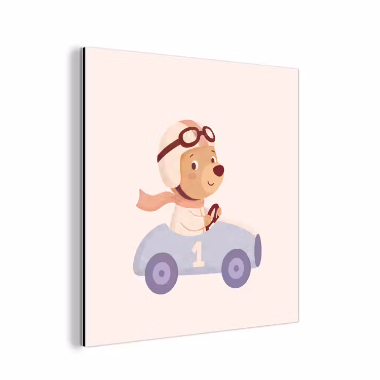 Aluminium schilderij - Beer - Auto - Kinderkamer - Cartoon - Speels — 1