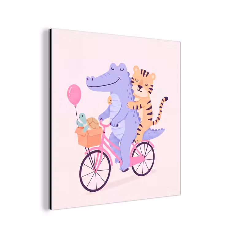 Aluminium schilderij - Dieren - Fiets - Vriendschap - Illustratie - Roze — 1