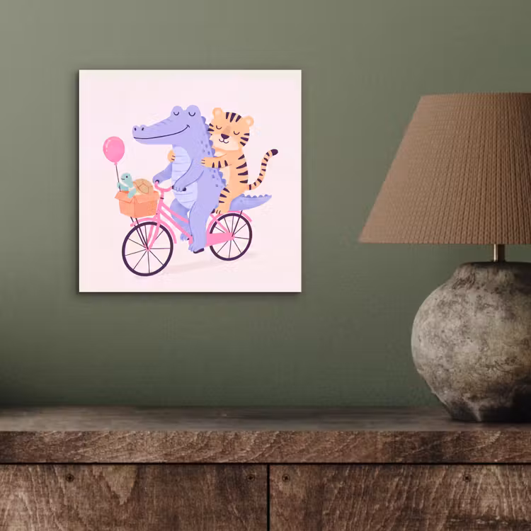 Aluminium schilderij - Dieren - Fiets - Vriendschap - Illustratie - Roze — 3