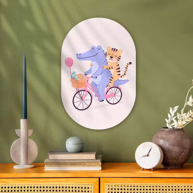 Muurovaal - Kunststof - Dieren - Fiets - Vriendschap - Illustratie - Roze — 2