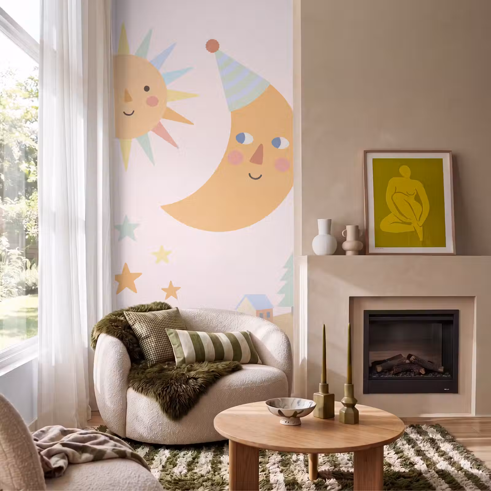Behang - Zon - Maan - Sterren - Kinderkamer - Pastel — 1