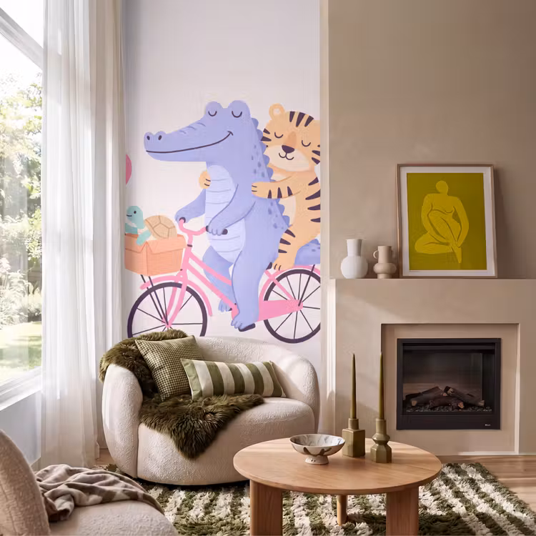 Behang - Dieren - Fiets - Vriendschap - Illustratie - Roze — 1