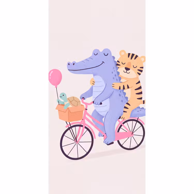 Behang - Dieren - Fiets - Vriendschap - Illustratie - Roze — 2