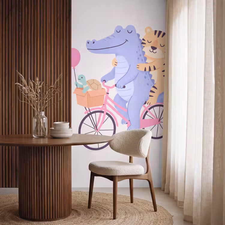 Behang - Dieren - Fiets - Vriendschap - Illustratie - Roze — 4