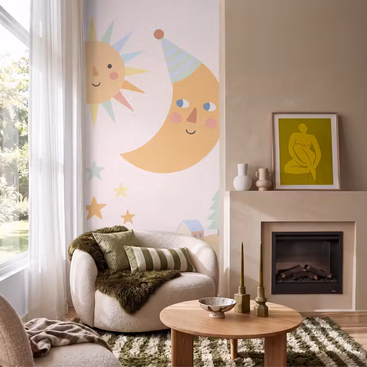 Behang - Zon - Maan - Sterren - Kinderkamer - Pastel — 1