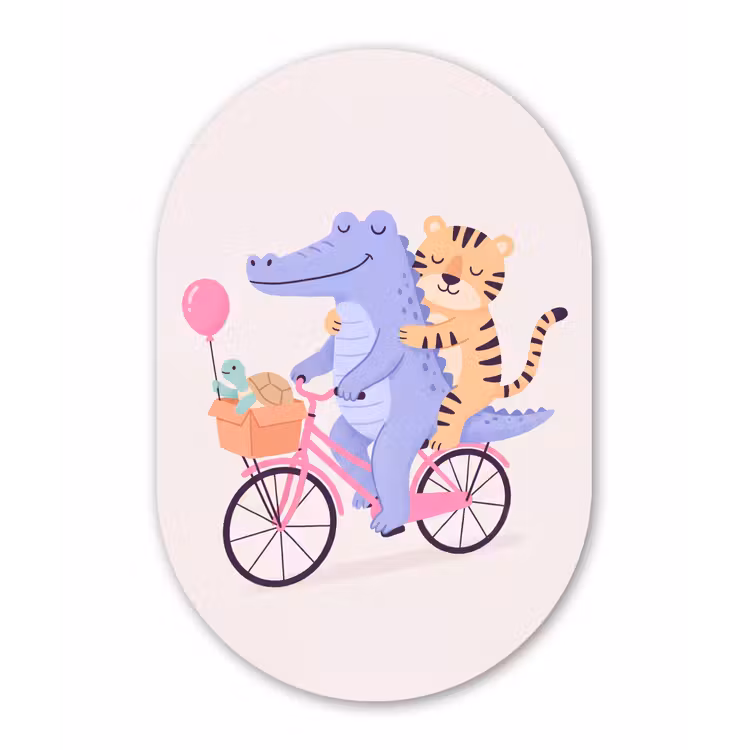 Muurovaal - Glas - Dieren - Fiets - Vriendschap - Illustratie - Roze — 1