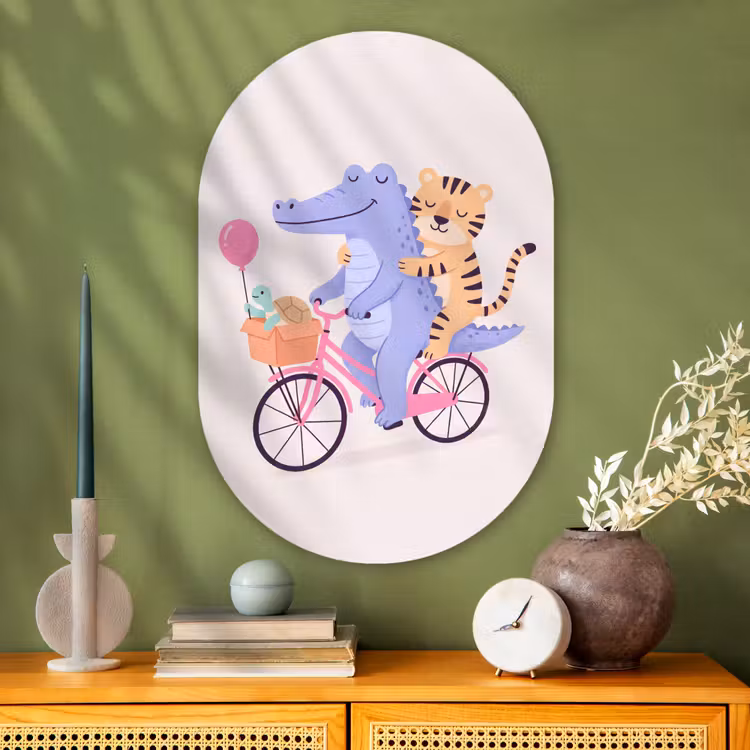 Muurovaal - Glas - Dieren - Fiets - Vriendschap - Illustratie - Roze — 2