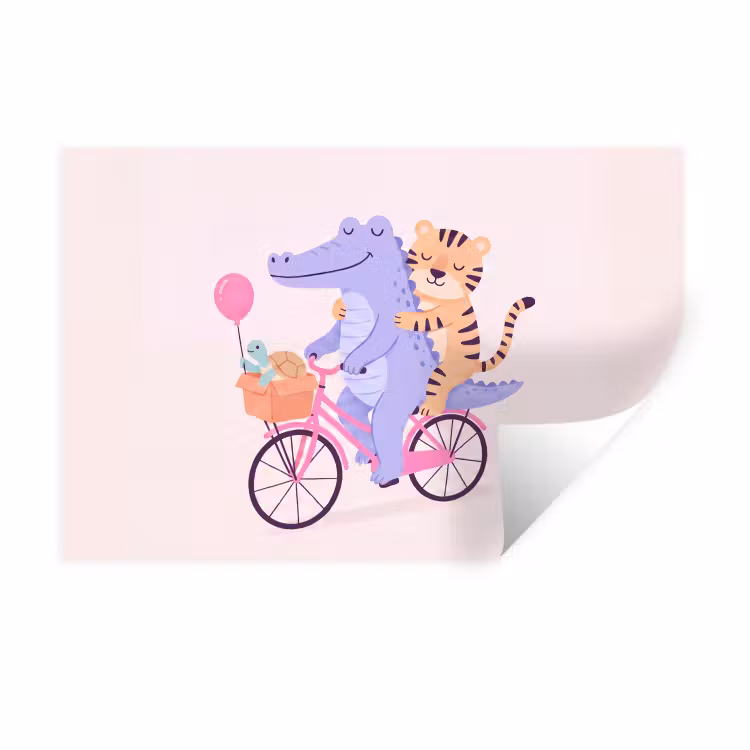 Muursticker - Dieren - Fiets - Vriendschap - Illustratie - Roze — 1