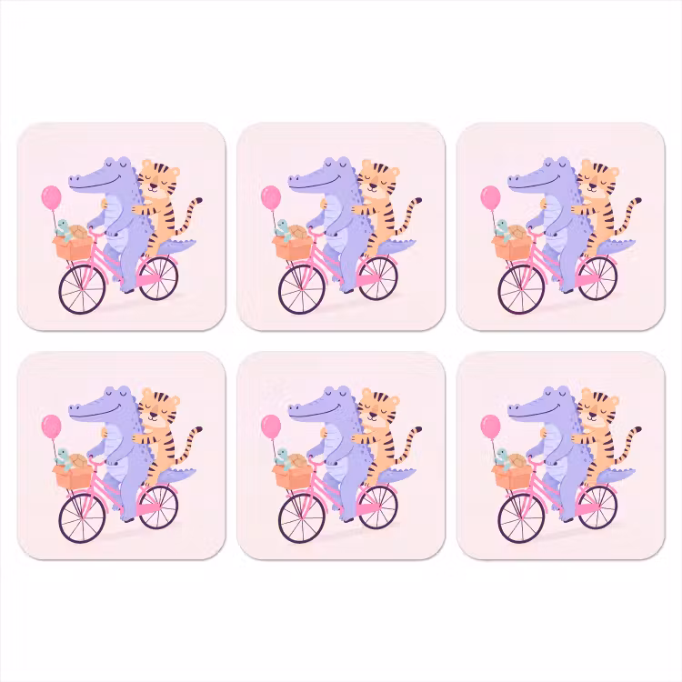 Onderzetter​ - Dieren - Fiets - Vriendschap - Illustratie - Roze — 1