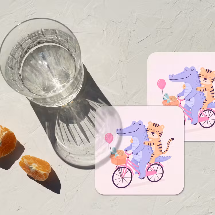 Onderzetter​ - Dieren - Fiets - Vriendschap - Illustratie - Roze — 2
