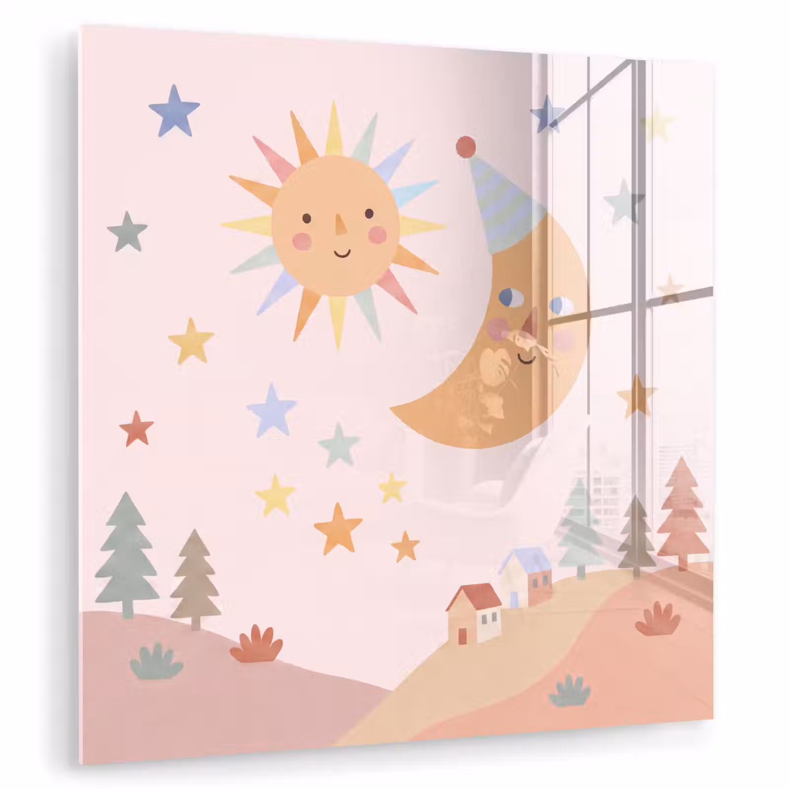 Glas schilderij - Zon - Maan - Sterren - Kinderkamer - Pastel — 1