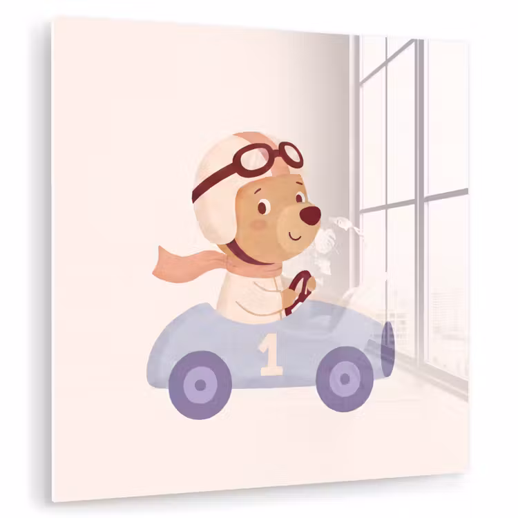 Glas schilderij - Beer - Auto - Kinderkamer - Cartoon - Speels — 1
