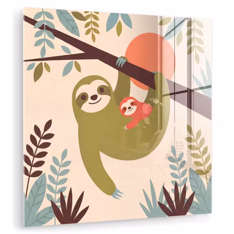 Glas schilderij - Dieren - Moeder - Baby - Natuur - Groen — 1
