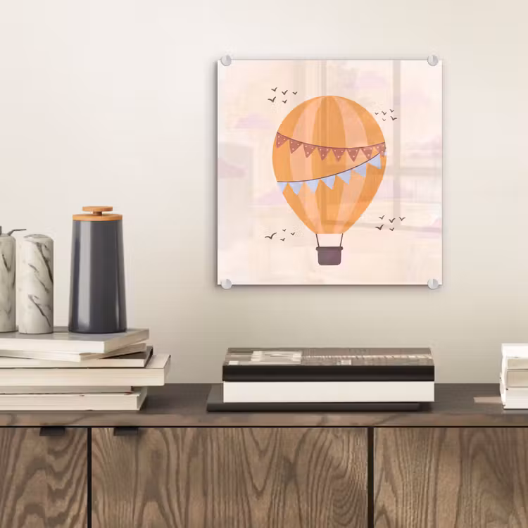 Glas schilderij - Luchtballon - Slingers - Avontuur - Illustratie - Oranje — 2