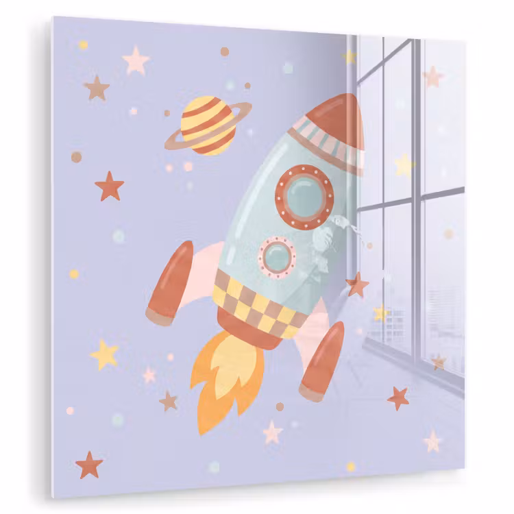 Glas schilderij - Raket - Ruimte - Planeet - Illustratie — 1