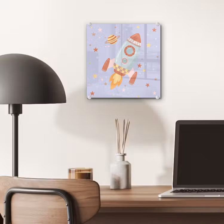 Glas schilderij - Raket - Ruimte - Planeet - Illustratie — 7