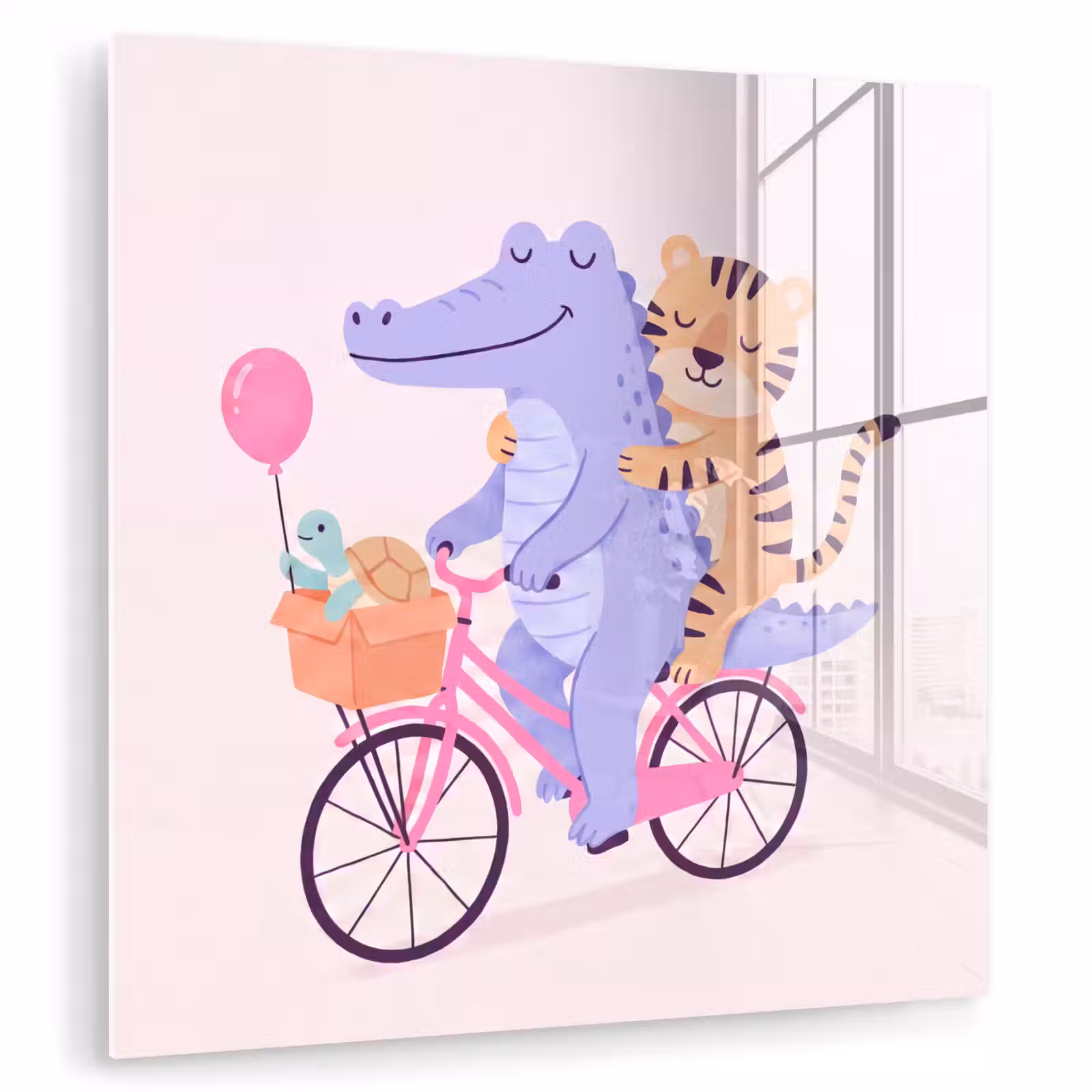 Glas schilderij - Dieren - Fiets - Vriendschap - Illustratie - Roze — 1