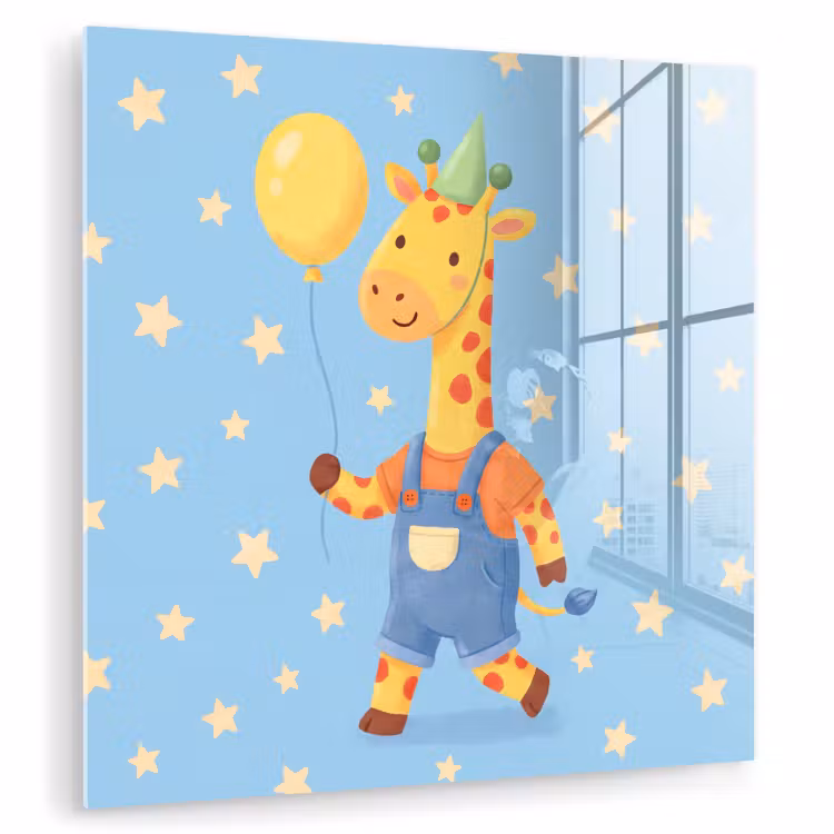 Glas schilderij - Dieren - Giraffe - Ballon - Feest - Kinderkamer — 1