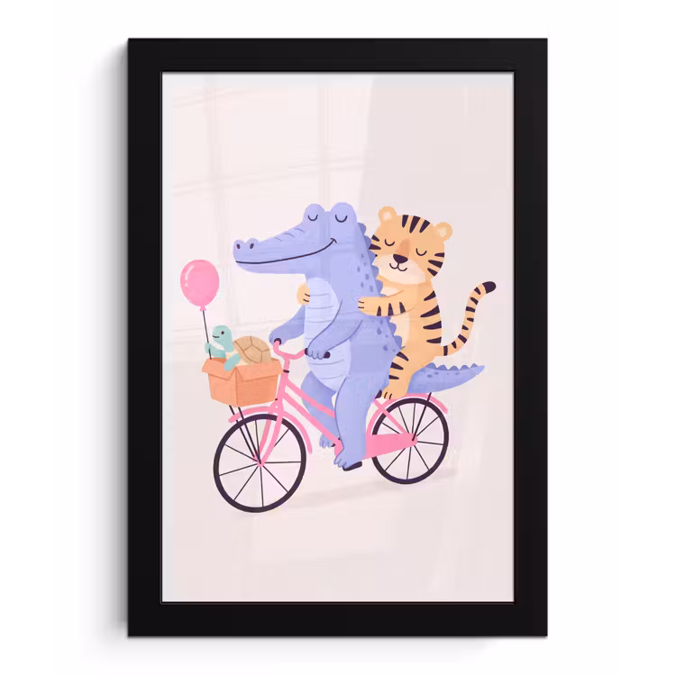 Poster met lijst - Dieren - Fiets - Vriendschap - Illustratie - Roze — 1