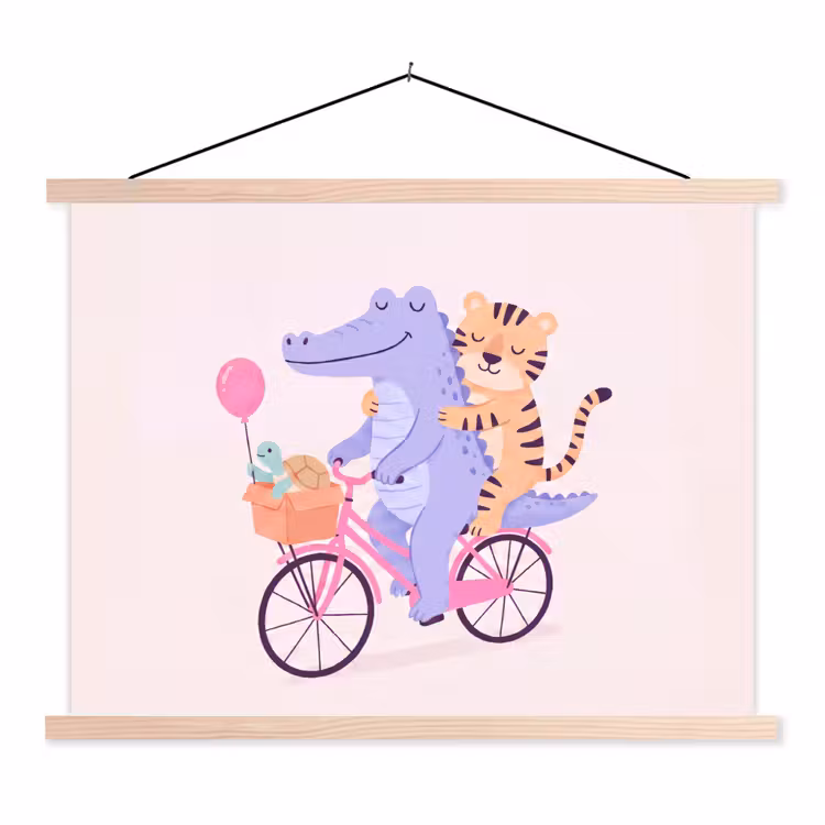 Schoolplaat - Dieren - Fiets - Vriendschap - Illustratie - Roze — 1
